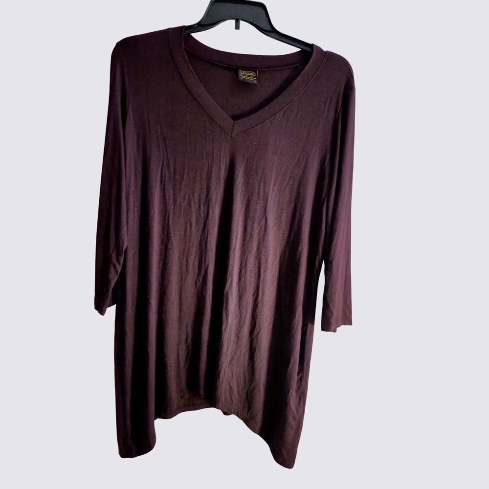 Covered Perfectly Tunic Women 1X Burgundy V-Neck 3/4 Sleeve Casual Plus Size Top